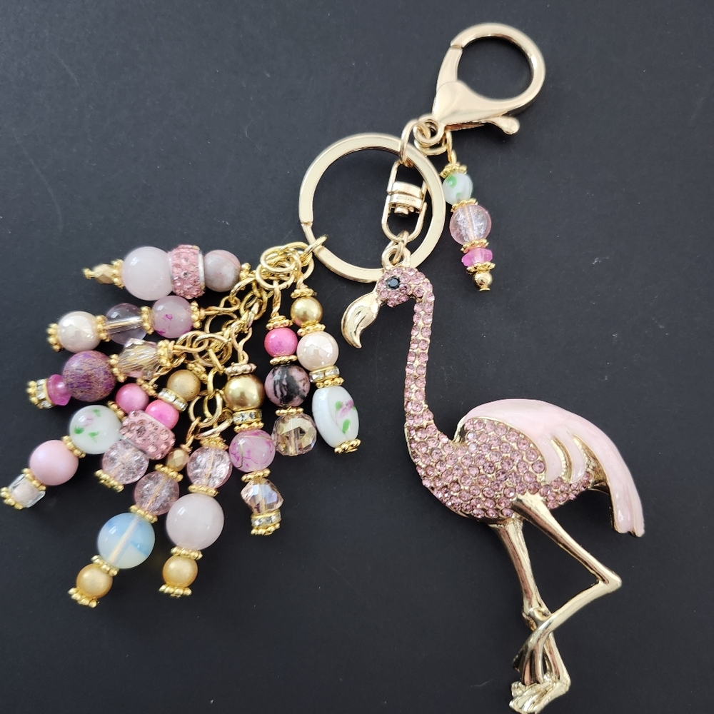 Rhinestone Flamingo Purse Charm or Keychain Opal Quartz Jasper Handcrafted